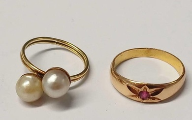 GOLD 2-STONE PEARL SET TWIST RING & GOLD RUBY SET RING - 5.2...
