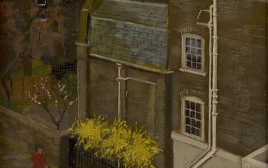 Geoffrey Benn, British, 20th century- Kensington Spring; oil on board, signed lower left 'G. Benn' and with artist's label on the reverse, 24.5 x 21.5 cm