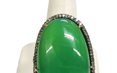 Gigantic Chrysoprase and Diamond Ring in 14K Gold and Fine Silver