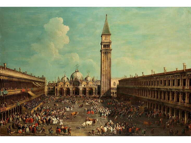 Giovanni Antonio Canal, genannt „Canaletto“, 1697 Venedig – 1768 und Giovanni Battista Cimaroli, um 1687 Salò – um 1753, Caccia ai Tori in Piazza San Marco – Stierrennen auf der Piazza San Marco