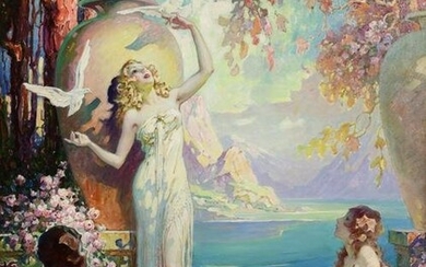 Glenn Crawford Sheffer (American, 1881-1948), The Three Graces by a Lily Pool with Mountains and a