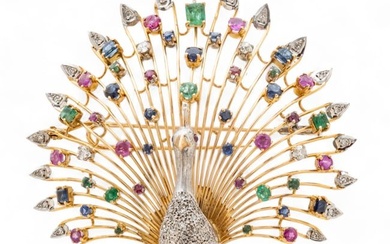 Gold "Peacock" Brooch, Emeralds, Diamonds, Rubies, Sapphires Ca. 1930, H 3" W 3" 42g