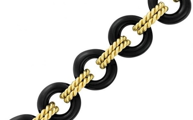 Gold and Black Onyx Circle Link Toggle Bracelet