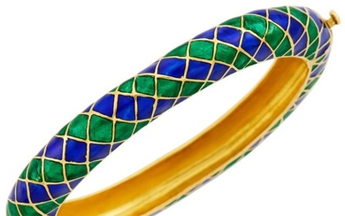 Gold and Blue and Green Enamel Bangle Bracelet