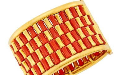 Gold and Coral Cuff Bangle Bracelet