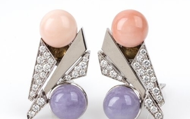 Gold, lavander jadeite, pink coral and diamonds earrings - by...
