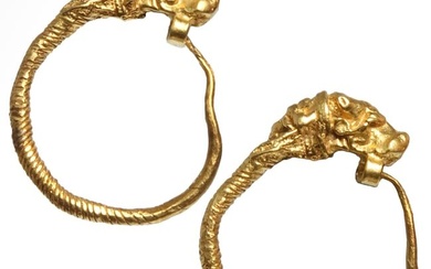 Greek Gold Earrings with Wolf Heads, c. 3rd Century B.C.