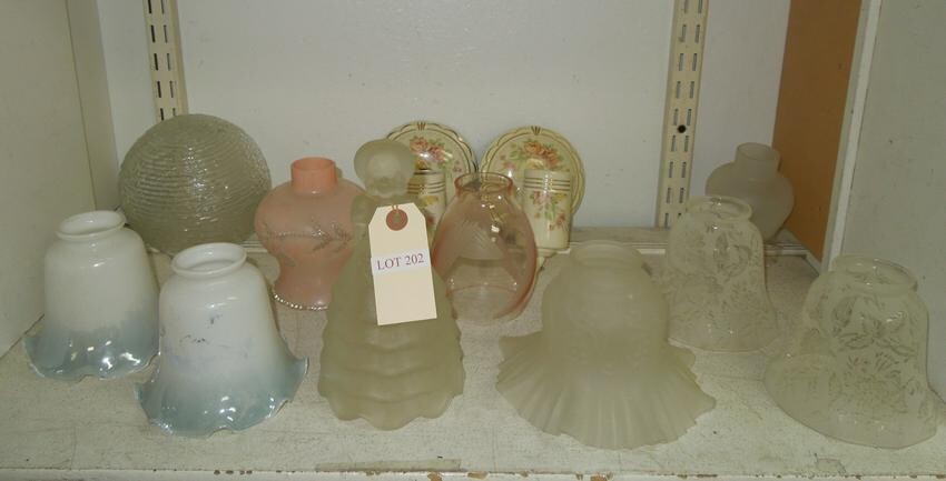 Group of Vintage Glass Lamp Shades & 2 Sconces.