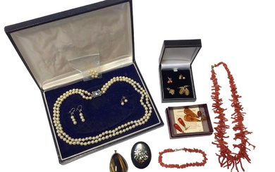 Group of jewellery to include a coral necklace, a cultured pearl two-strand necklace and earrings, pietra dura brooch, amber earrings, carnelian earrings etc