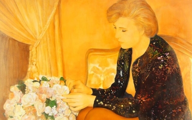 Guy Seradour, French 1922-2007- Lady with flowers; oil on canvas, signed 'Guy Seradour' (lower left), 60 x 73 cm (ARR)