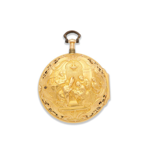 H. Fish, London. An 18K gold key wind pair case repousse pocket watch signed by H Manly