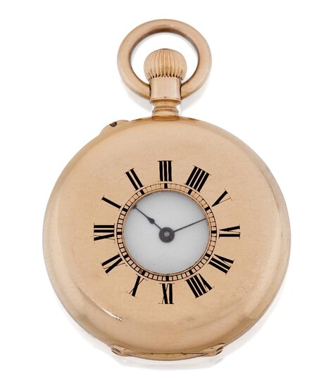 H.R. Ekegren, Geneva. A small gold half hunter pocket watch, Circa 1860 white enamel dial with with black Roman numerals and outer red 5 minute Arabic indication, keyless wind lever escapement, 18ct gold hinged hunter case, the front with Roman...