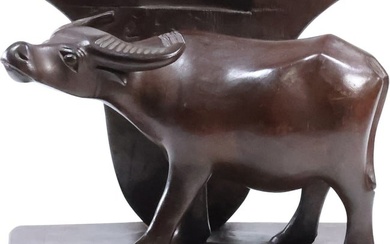 Hand Carved Wood Water Buffalo Figure Single Bookend 8 in. x 9 in. x 4.5 in.