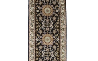 Hand-Knotted Wool Black Floral 3X8 Indo-Nain Oriental Runner Rug Hallway Carpet