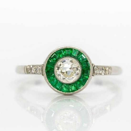 Handmade Platinum Diamonds and Emerald Halo Ring