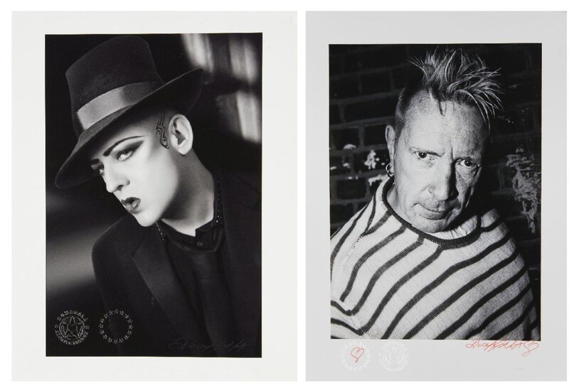 AMENDMENT: please note the Boy George print is a giclee print. Hannah Domagala, British b.1976-Boy George;black and white print on satin paper, signed by the artist and numbered 1/1 with the Domagala blindstamp 35.7 x 28 cm together with Johnny...