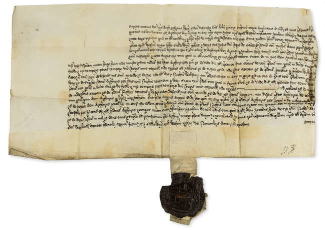 Henry VIII.- Chancery document relating to Arthur Key and James Alderley and Margaret his wife of a messuage with land in Almondbury [West Yorkshire], manuscript document, 28th November 1539.