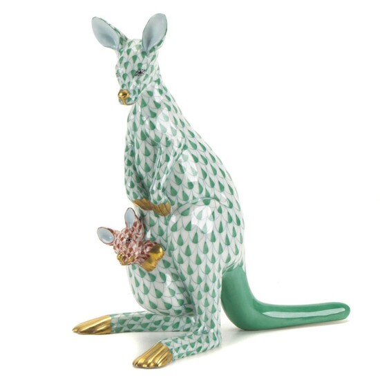 Herend Green and Rust Fishnet "Kangaroo and Baby" Porcelain Figurine