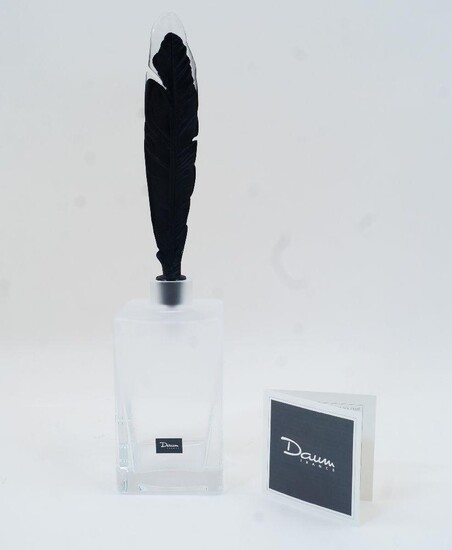 Hilton Mc Connico for Daum, a 'Carafe Night' decanter, from the 'Plumes Cheyenne' collection, designed as a rectangular vase in clear and frosted glass with squat neck, with stopper modelled as a feather plume in pate de verre, etched 'Daum France'...