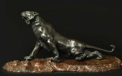Huge Japanese brown patinated bronze of a tiger on wood stand. Meiji period 1868-1912, signed