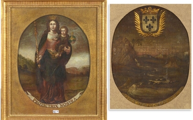 Huile sur toile ovale double face "La Vierge à l'Enfant - Protectrix Nostra" et d'un...