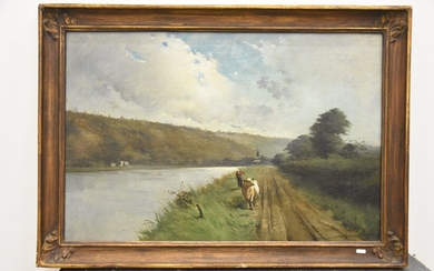Huile sur toile signée Joseph Vreuls 1864-1912 "Fermière et sa vache en bord de Meuse"...