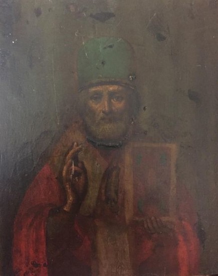 Icone Saint Nicolas vêtu d'une chasuble rouge,...