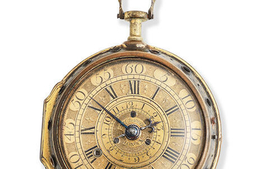 J. De Charmes, London. A gilt metal key wind open face pocket watch with repeat and alarm
