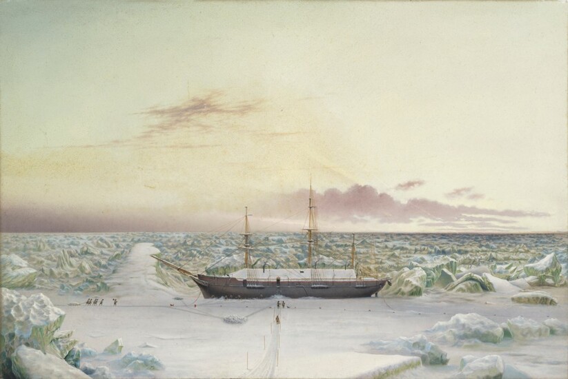 J. Hamer (19th Century), H.M.S. "Alert" about to winter off Floeberg beach in the Polar Sea in October 1875. Latitude 82'. 27'. - North.