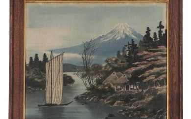 Japanese Style Watercolor Painting of Lakeside Scene, Late 20th Century