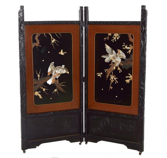 Japanese carved wood and inlaid two-panel screen