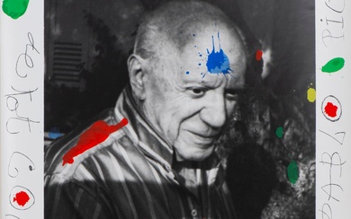 Joan MIRO (1893-1983) "Hommage à Picasso" sérigraphie et photographie sur papier tissé. Daté en bas...