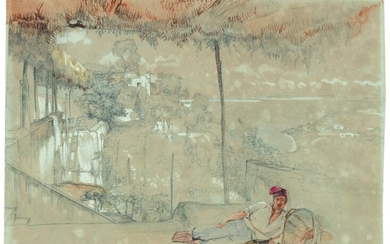 John Frederick Lewis RA, British 1804-1876- On the Terrace at Ischia, Italy; watercolour over pencil heightened with white on greyish-coloured paper, inscribed and dated Ischia. Aug 29 (lower centre), 24.5x34.5cm Provenance: Acquired from Thos...