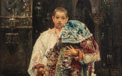 Jose Gallegos Y Arnosa (Spanish, 1857-1917) Oil on Panel, 1886, "Altar Boy Holding Antependium", H