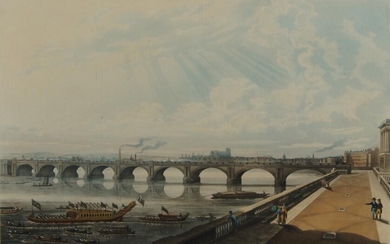 Joseph Constantine Stadler, British act.1780-1812- View of Waterloo Bridge from the east end of Somerset House Terrace; hand-coloured aquatint, published April 12 1818 at R. Ackermann's Repository of Arts, 101 Strand, 41 x 53 cm
