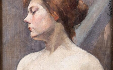 Jozef Ferenczy, Austro-Hungarian 1866-1925- Portrait of a nude Lady, half-length; oil on canvas, signed upper right edge 'Ferenczy Jozef', 26 x 21 cm