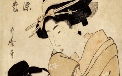 KITAGAWA UTAMARO I, (1750S–1806) | OSOME OF THE OIL SHOP AND THE APPRENTICE HISAMATSU (ABURAYA OSOME, DETCHI HISAMATSU) KATSUKAWA SHUNSHO, (1726–1792), EDO PERIOD, LATE 18TH CENTURY | AN ACTOR IN AN ONNAGATA ROLE