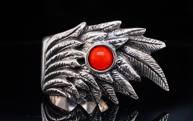 King Baby Sterling Silver and Coral Raven Wing Ring