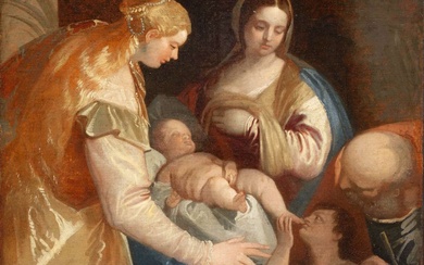Kopie naar Paolo Caliari (18de eeuw) , De Heilige Familie met Johannes de Doper en de Heilige Catharina