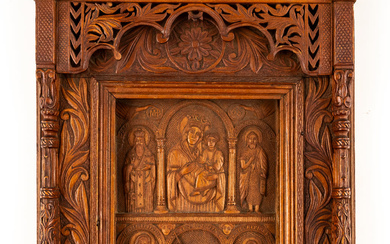 LARGE GREEK WOOD CARVED ICON SHOWING THE MOTHER OF GOD,...