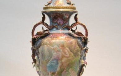 LARGE HAND PAINTED SEVRES LUSTRE COVERED URN