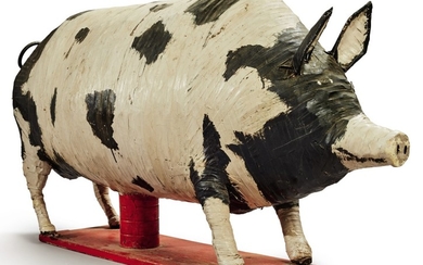 LARGE PAPIER-MACHE STANDING PIG WITH WHITE AND BLACK PAINT DECORATION, CIRCA 1942