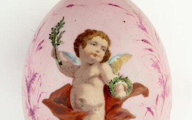 LARGE RUSSIAN PINK PORCELAIN EASTER EGG WITH PUTTO