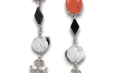 LONG CORAL, DIAMONDS, AMETHYST, ONYX AND ROCK CRYSTAL EARRINGS, IN WHITE GOLD