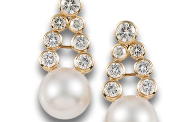 LONG DIAMONDS AND PEARLS EARRINGS, IN YELLOW GOLD