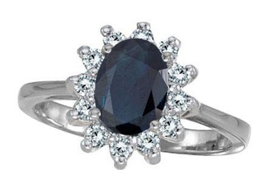 Lady Diana Blue Sapphire and Diamond Ring 14k White Gold 2.10 ctw