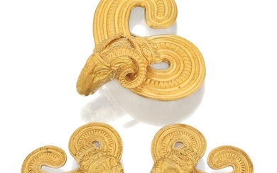 Lalaounis, A brooch and earrings, by Lalaounis, the brooch designed as a ram's head, the neck forming a swept loop, with raised linear decoration, approx. width 5.5cm; and a pair of matching earclips but with chimera heads, each with maker's mark...