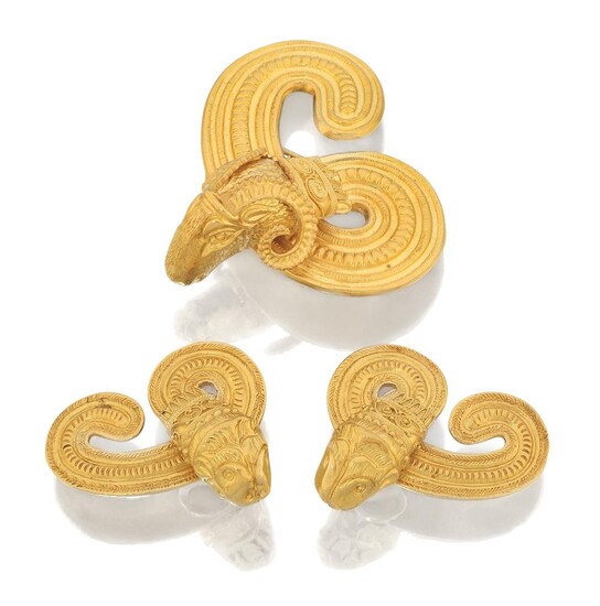 Lalaounis, A brooch and earrings, by Lalaounis, the brooch designed as a ram's head, the neck forming a swept loop, with raised linear decoration, approx. width 5.5cm; and a pair of matching earclips but with chimera heads, each with maker's mark...