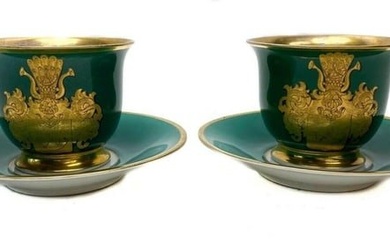 Large KPM Armorial Crest Green and Gold Cup and Saucer c1860
