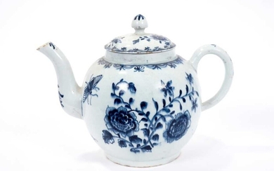 Large Lowestoft teapot and cover, painted in blue with flowers and insects, painter's number 5 inside footrim, 17.5cm high Sold by Bonhams, 19 April 2011, lot 175